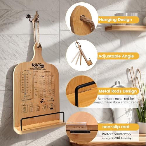 Cookbook Stand for Kitchen Counter, Bamboo Cookbook Holder, Foldable Cook Book Holder, Adjustable Recipe Book Stand, Cook Book Stand with Measurement Conversion Chart
