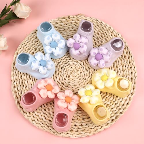 4Packs Baby Girls Socks,Flower Non-Slip Grips for Babies Toddler Princess - color: Purple Yellow Pink Light Bule