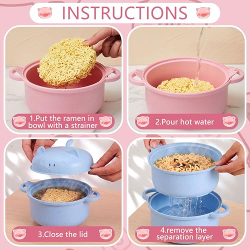 2 Sets 45oz Cute Pig Ramen Bowl Set Microwavable, Pink, Nordic Blue - color: Pink,Nordic Blue