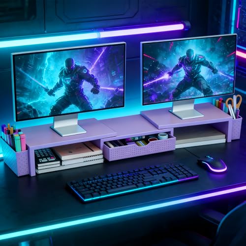 Spacrea Dual Monitor Stand Riser with Drawer and 2 Pen Holders - color: Purple
