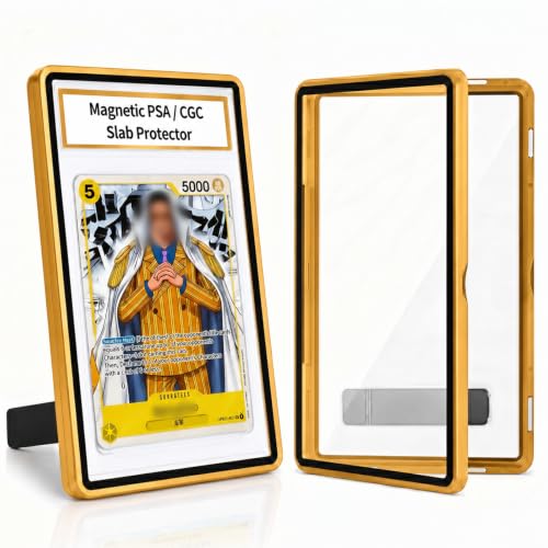 Magnetic PSA/CGC Slab Protector with Foldable Kickstand - UV Protection Tempered Glass & Aluminum Metal Bumper for 35PT PSA CGC CSG AGS, 9-Point Secure Lock Display Guard & Clear View (Yellow) - color: Yellow, size: PSA Card Case