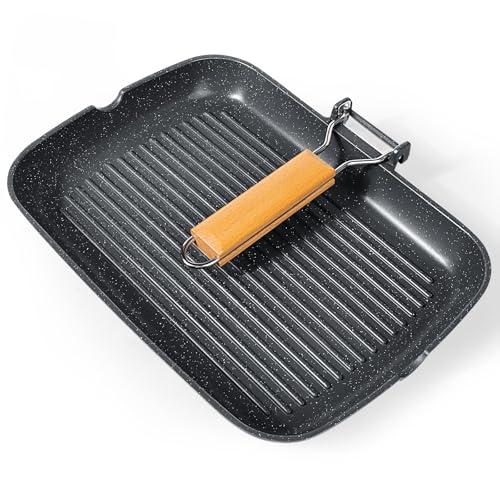 GiPP Nonstick Grill Pan with Folding Handle,Square Grill Skillet, Grilling Pan with Pour Spouts, Versatile Griddle Steak Pan for All Stove,PFOA Free,13.4 Inch - size: 13"*9.5"