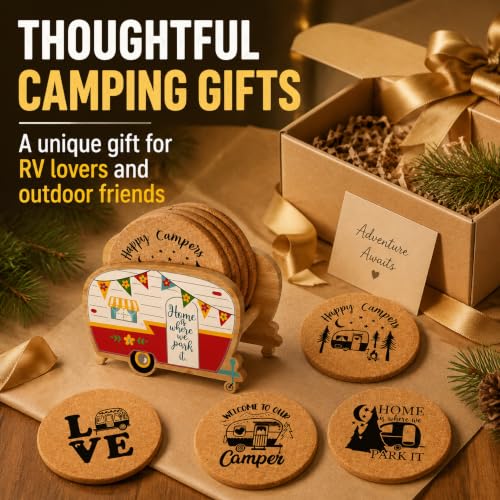 Unique Happy Camper RV Coasters Set of 4 with Holder - color: New Red