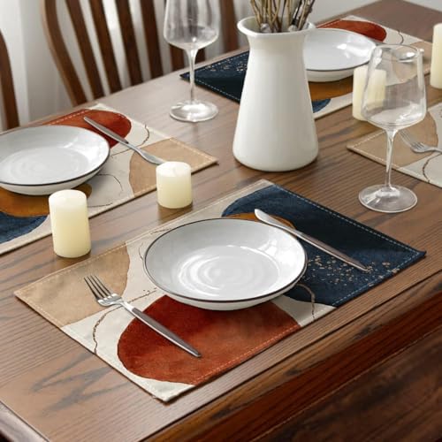 Ansouyi Placemats Set of 6, Terracotta Navy Orange and Gold Abstract Washable Heat Resistant Linen Table Mats, Kitchen Decor Non-Slip Place Mats for Party Dining, 12x18 Inch - color: Terracotta