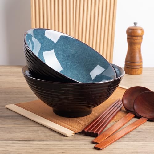 40oz Japanese Ceramic Ramen Bowl Set of 2 with Chopsticks and Spoons for Pho Udon Asian Soup Noodles (Blue Glaze) - color: Blue Glaze