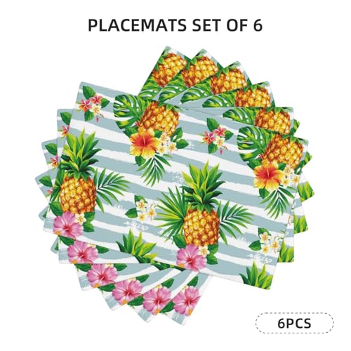 Summer Pineapple Palm Leaves Placemats Set of 6 12x18 Inch - color: Blue White Yellow, size: Set of 6