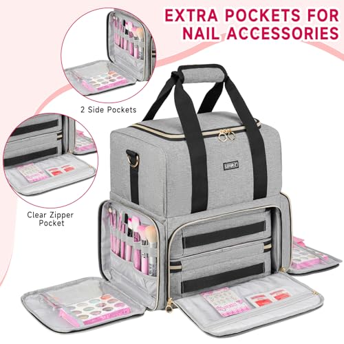 LEFOR·Z Nail Polish Organizer Holds 80+ Bottles,Nail Polish Carrying Case with 2 Removable Bags,Nail Organizers and Storage for Nail Tech,Nail Polish Supplies Holder,Mother Day Gift for Women Grils - color: Grey