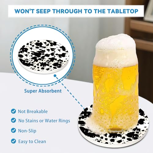 Drinks Coasters Set of 4, Cow Print Round 4" Cup Coasters, Absorbent Ceramic Stone Coasters with Cork Base, Cute Coasters for Table Home Décor, Ideal Gifts for Women Men - color: Cow