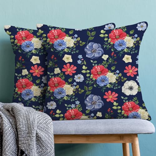 4th of July Floral Pillow Covers 18x18 Pack of 2,Boho Blue Red Flower Throw Pillow Covers Independence Day Floral Decorative Pillowcase Farmhouse Square Cushion Cover for Couch Sofa Outdoor - color: Blue Red Floral-1, size: 18" x 18" (Pack of 2)