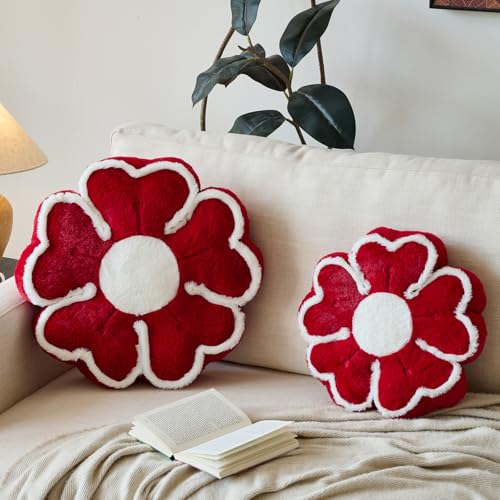 Flower Shaped Decorative Throw Pillow Cushion for Bed Couch, Cute Flower Plush Throw Pillows Home Decor Floor Pillow Seating Cushions (Burgundy, 13.7 Inches) - color: Burgundy, size: 13.7 Inches