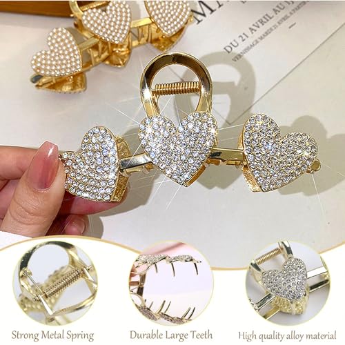 Pearls Heart Hair Clips Valentines Day Hair Accessories for Women Girls Rhinestones Gold Metal Hair Claw Clips Shiny Hearts Hairpins Strong Hold Hair Clip for Thick or Thin Hair Decoration 1 Pcs - color: B