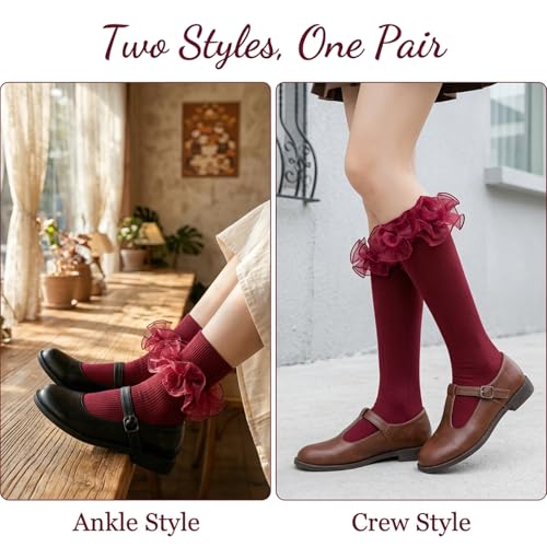Big Ruffle Socks Women(Size 5-11) Turn Cuff Cotton Lace Frilly Socks - color: White,red,wine Red,yellow, size: 9-11