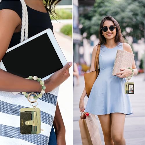 COOLANS Silicone Bracelet Wristlet Wallet Credit Card Holder RFID ID Window Key Ring Tassel Slim Wallet Women Keychain Purse - color: Green Multicolored