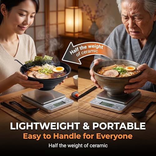 (Set of 2) Unbreakable Japanese Style Ramen Bowl with Chopsticks Spoon & Dipping Bowl Saucers, Large Black Matte Melamine Bowls for Pho Thai Miso Udon Soup Noodles, Asian Food & Wonton