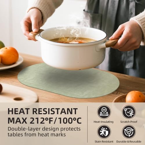 Placemats Set of 6, 17.7 x 11.8 Inch Oval Faux Leather Place Mats - color: R-sage Green