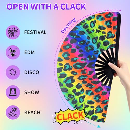 EOSAU Large UV Glow Rave Fan, Folding Hand Fans for Line Dancing, Leopard - color: 13" Leopard Print