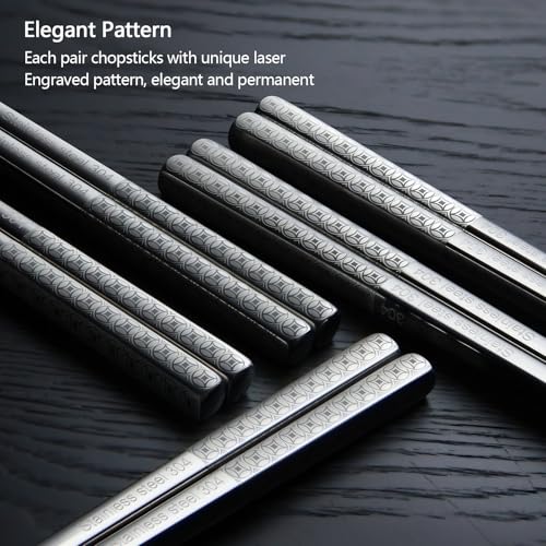IQCWOOD Laser Engraved 304 Stainless Steel Chopsticks, 5 Pairs - color: Coin Pattern