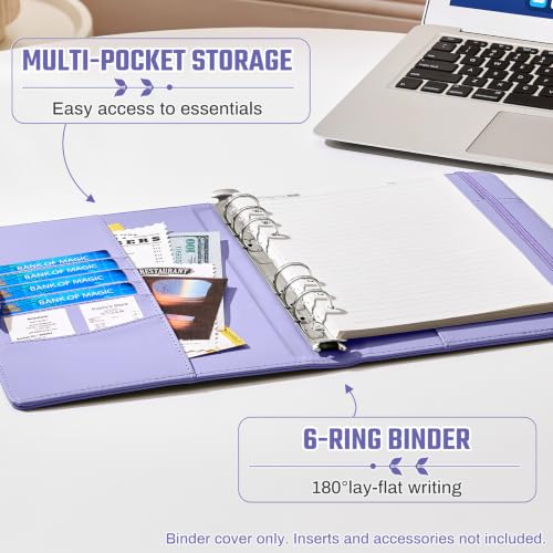 Ovesmusl Aesthetic A5 Binder 6 Ring, PU Leather Refillable Planner Cover - color: Purple-flowers, size: A5