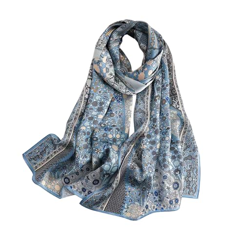 ANDANTINO 100% Silk Long Scarf-Women Large Oblong Shawls with Gift Packed - color: Pale Blue Flowers