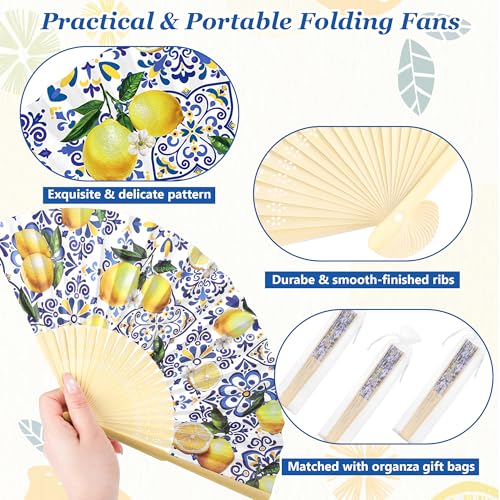 Aodaer 50 Pack Coastal Lemon Printed Folding Hand Fans with Organza Bags Bulk Wooden Storage Box Retro Mediterranean Paper Fans Capri Handheld Fan for Bridal Shower Wedding Bridesmaid Gifts - style: Coastal Lemon