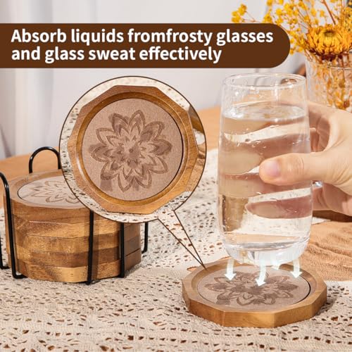 Wood Coasters for Drinks Absorbent with Lip, 4.3 Inch Acacia Wood Camel Felt Coaster with Holder for Wooden Coffee Table for Cups, Mugs, and Glasses - Set of 6 - color: ‌camel