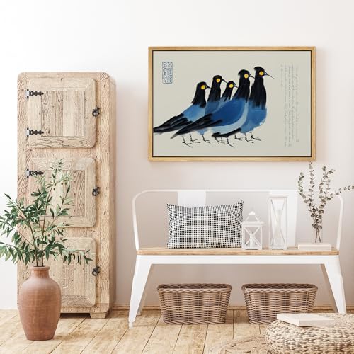 SIGNFORD Framed Canvas Print Wall Art Oriental Style Blue Birds Modern Asian-Inspired Minimalist Illustrations Modern Art Decorative Boho Relax/Zen for Living Room, Bedroom, Office - 16x24 NATURAL - color: B08-2508-M28, size: 24"L x 16"W