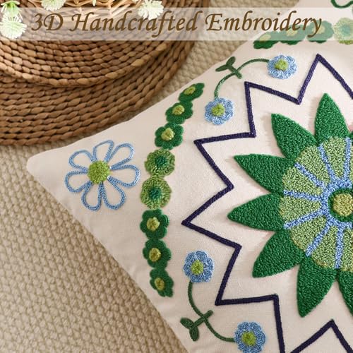 Embroidered Floral Throw Pillow Cover 18x18 Set of 1 Green - color: Green, size: 18" x 18" (Pack of 1)