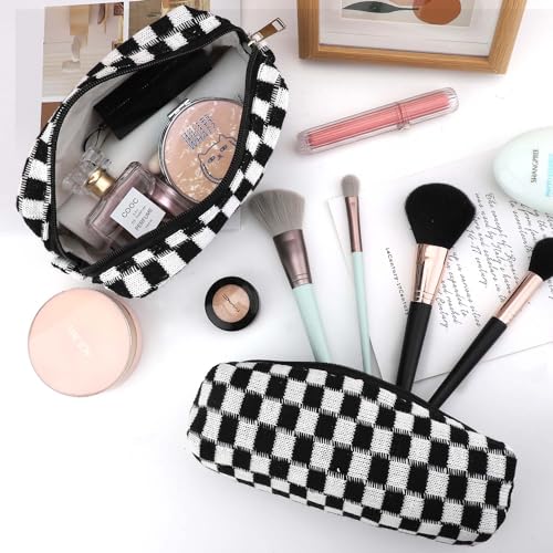 EIMMBD Makeup Bag 3 Pieces Large Capacity Checkered Cosmetic Bags Travel Toiletry Bag Organizer Cute Makeup Pouch Storage for Women(Black) - color: Black