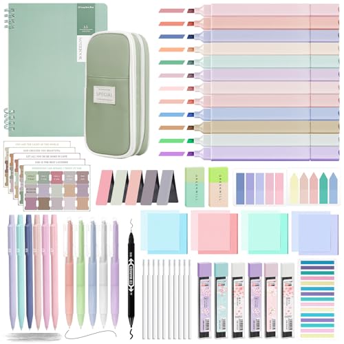 Bible Study Supplies Journaling Kit with Pen Case,12 Pastel Highlighters,5 Black Ink Gel Pens, 6 Mechanical Pencils 0.5 & 0.7mm,Sticky Note Index Tab and So on for bible study - color: Green