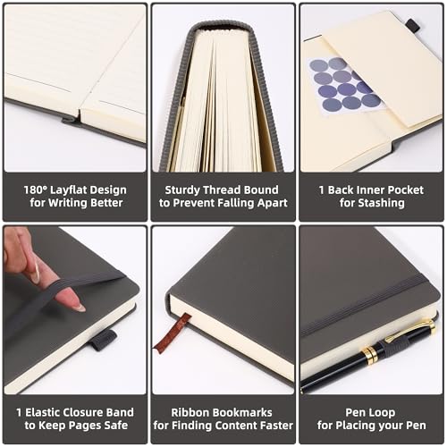 BOBO RABBIT Lined Journal Notebook for Work 100 GSM Thick Paper 300 Pages College Ruled A5 Notebook Hardcover Leather Journal for Writing School Office, 5.63"x8.43" - color: A-Grey