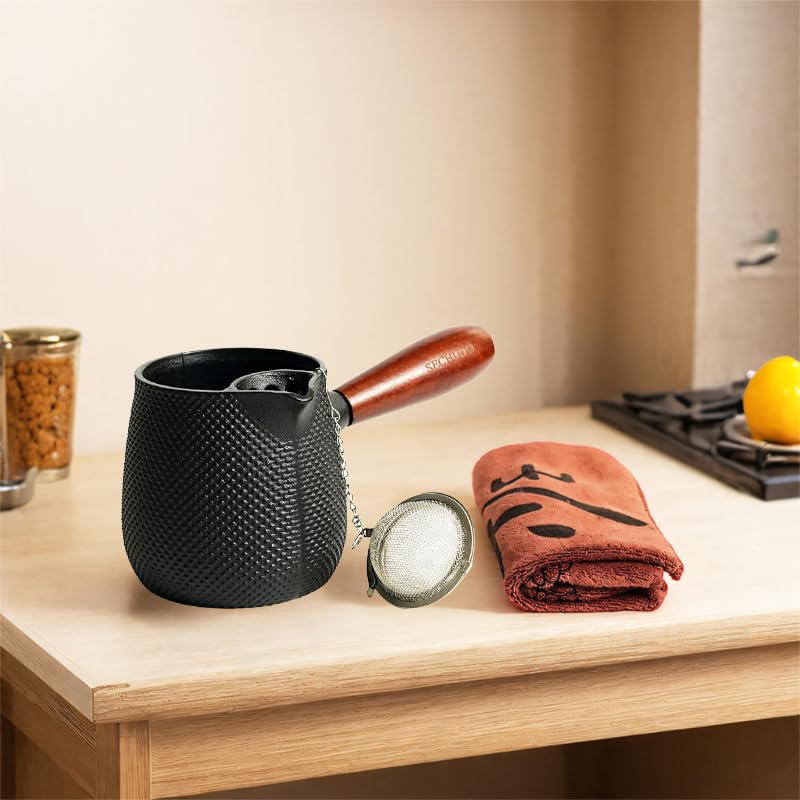 Small Cast Iron Teapot, Japanese Style Tea Kettle without Lid, 20.3oz Tea Pot with Stainless Steel Tea Ball for Loose Tea, Wooden Side-handle Tea Set for Stovetop Safe(600ml) - color: 20.3oz Dots Pattern