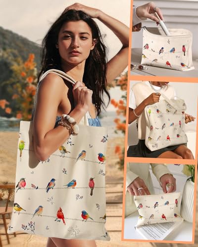 Miss Adola Canvas Tote Bag with Matching Makeup Pouch - color: Watercolor Bird