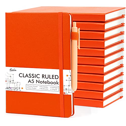 12 Pack Notebooks Journals Bulk with 12 Black Pens, Feela A5 Hardcover Notebook Classic Ruled Journal Set with Pen Holder for School Business Work Travel Writing, 120 GSM, 5.1”x8.3”, Orange - color: 12 Pack orange