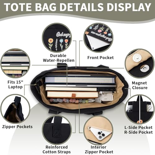 25 PCS Bible Study Supplies Kit, Large Capacity Canvas Tote Bag for Women Organizer, Bible Highlighters and Quick Dry Pens No Bleed Through, Notebook Bible Tabs Cross Bookmark Journaling Accessories - color: Black