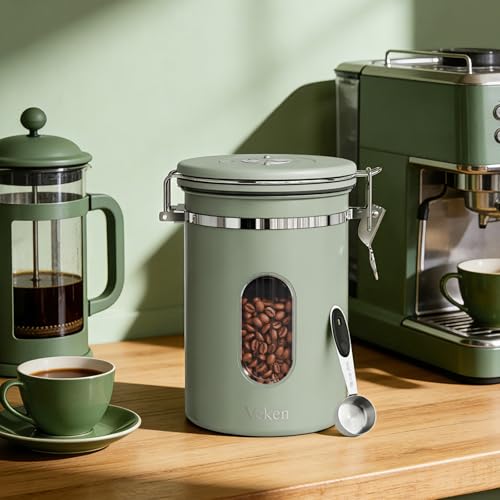 Veken Coffee Canister with Window, Airtight Stainless Steel Container, 22OZ - color: Green, size: 22 oz