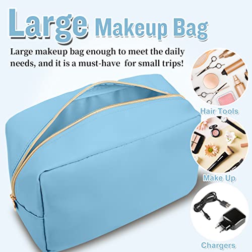 Nylon Large Makeup Bag Travel Cosmetic Bag Pouch, Preppy Big Makeup Bag Cute Cosmetic Zipper Pouch Purse, Waterproof Toiletry Bag Clutch Make Up Organizer Travel Essentials for Women Men Girls(Blue) - color: Blue, size: Large