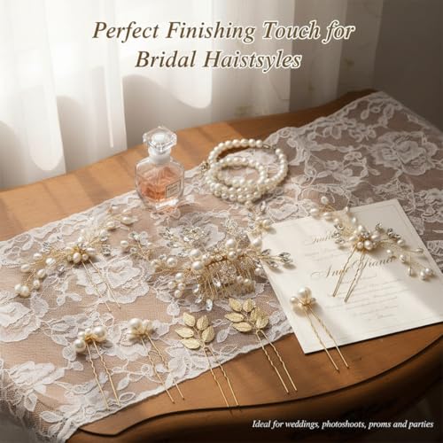 10 Pieces Gold Leaf Bridal Hair Pins, Wedding Headpiece Hair Jewelry with Pearl Rhinestone Wedding Hair Accessories for Bride Bridesmaids Flower Girls(Elegant Pearl)