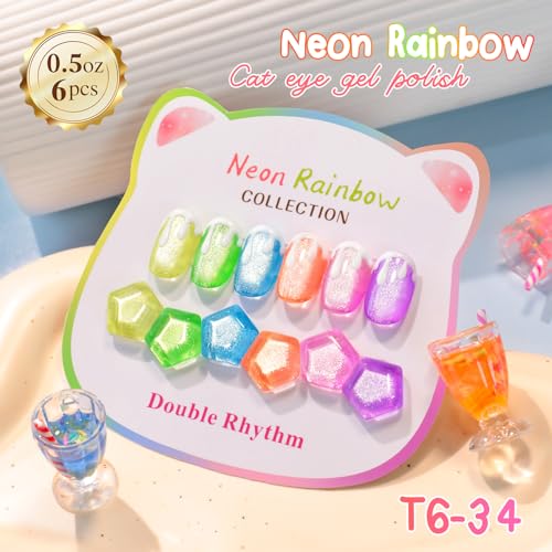 Double Rhythm Cat Eye Gel Nail Polish Set of 6 Same Color Same Bottle 0.5 Oz Shimmer Glitter with Magnet Holographic Reflective Magnetic UV Polish Kit at Home (Neon Orange Red Blue Green-T6-34) - color: Neon Rainbow