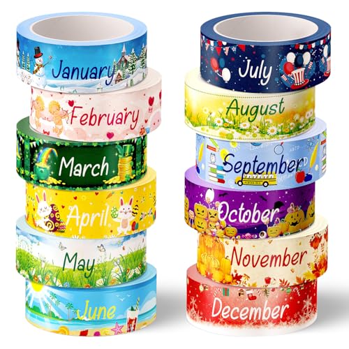Whaline 12 Rolls Holiday Monthly Washi Tape Seasonal Masking Tape Set 12 Months of The Year Decorative Wrapping Paper Tapes Boxed for Scrapbook Journal DIY Crafts - style: Holiday