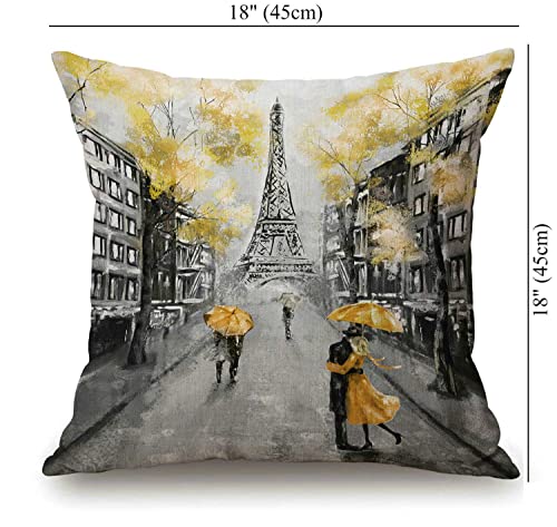 Oil Painting Paris European City Landscape France Eiffel Tower Black White and Yellow Modern Couple Under Square Decorative Throw Pillow Case Cushion Cover 18 x 18 inch - color: Sl212