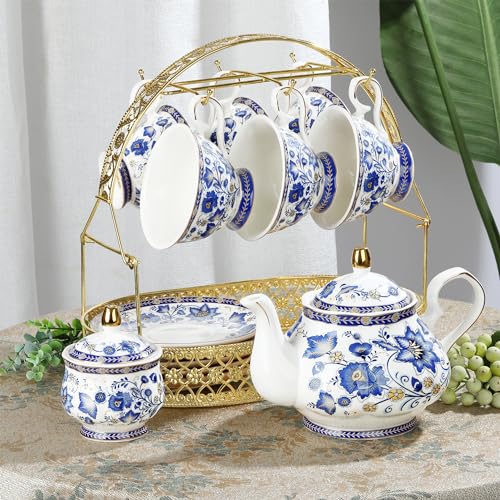fanquare Porcelain Tea Sets,Blue British Coffee Cups& Saucer Service for 6, with Teapot,Sugar Bowl,Creamer Pitcher and Golden Metal Rack - color: Blue Vine
