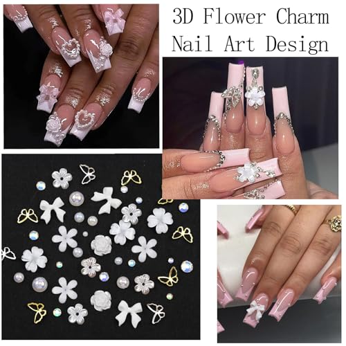 White Flower Nail Charms Rhinestones for Women Nail Design - color: Colorful-04