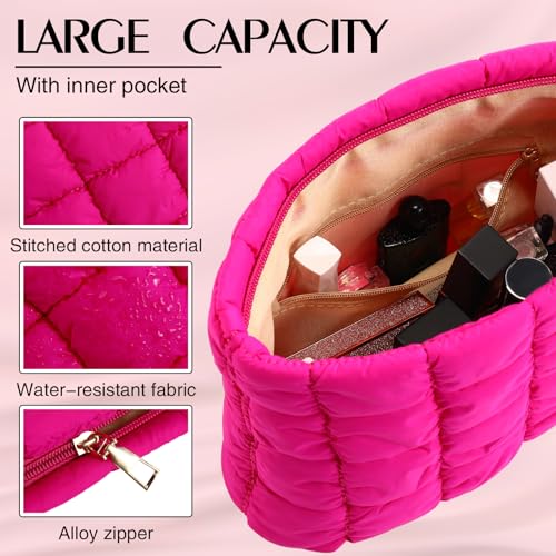 Hillban Hot Pink Puffy Quilted Makeup Bag for Women Gift, Classic - color: Hot Pink, size: Classic