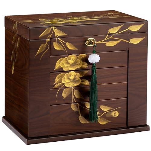 Wooden Jewelry Box for Women, 5-Layer Large Lock with Drawers - color: Brown（L）
