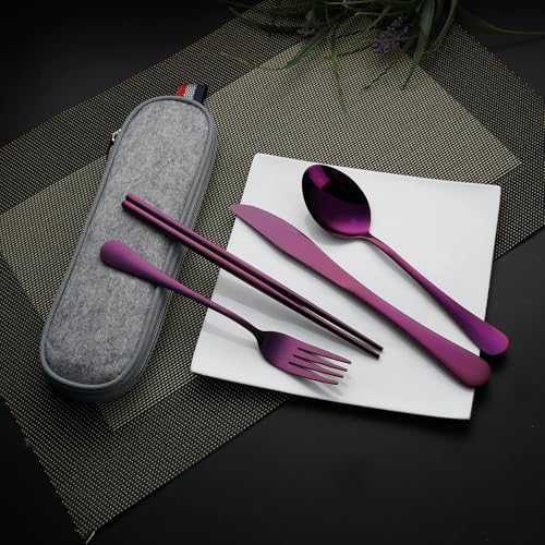 DEVICO Travel Utensils with Case, 5 Piece Portable Silverware Set for Work - color: Purple