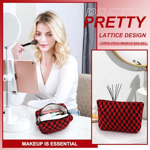 EIMMBD Makeup Bag 3 Pieces Large Capacity Checkered Cosmetic Bags Travel Toiletry Bag Organizer Cute Makeup Pouch Storage for Women(Red & Black) - color: Red & Black