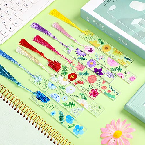 Outus 8 Sets Floral Acrylic Bookmarks for Women, Transparent with Tassels