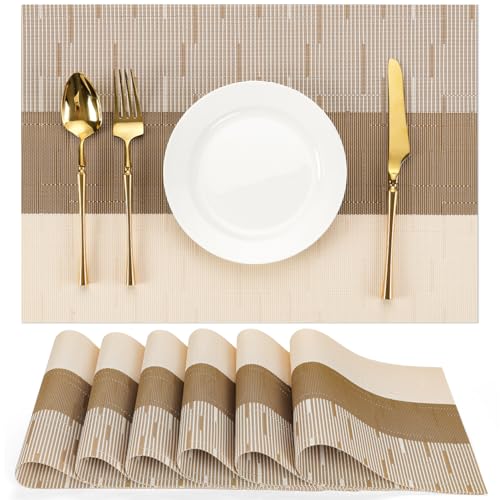 Placemats Set of 6, Vinyl Woven Heat-Resistant Place Mats - color: Beige Light Brown, size: Set of 6