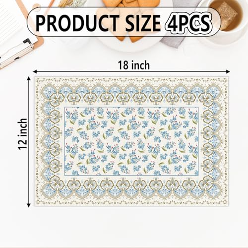 Vintage Floral Placemats with Ornate Gold Trim,12x18 Inch Cute Placemats Spring Table Mats Set of 4 Table Mats for Party Kitchen Dining Decoration-23