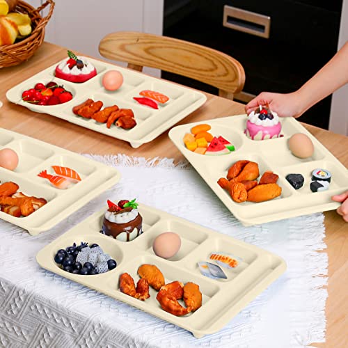 Pinkunn 12 Pcs 14'' Large Divided Plates Unbreakable Wheat Straw Lunch Trays 6 Compartments Cafeteria Trays Microwave Dishwasher Safe Food Separator Plates (Beige) - color: Beige